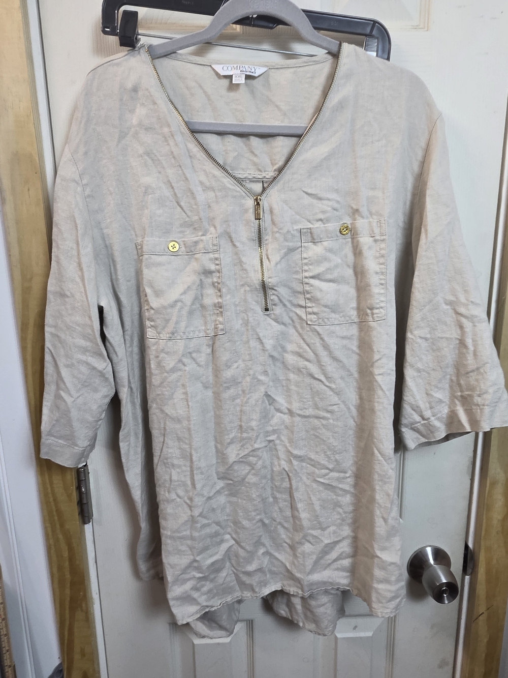 Linen High Low Tunic Ellen Tracy Cream Gold Zip-Front Top #0444